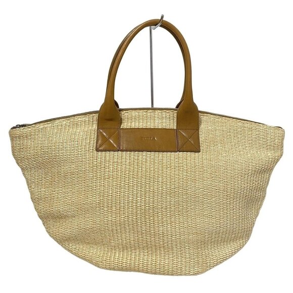 Auth FURLA - Cream Brown Straw Leather Handbag - Picture 1 of 9